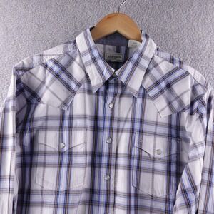 Stetson Mens XL Plaid Pearl Snap‎ Button Western Shirt Blue Brown Long Sleeve